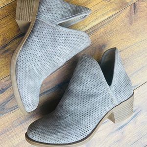 Boots, deep-V perforated taupe bootie.